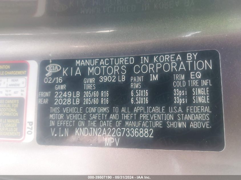 2016 Kia Soul VIN: KNDJN2A22G7336882 Lot: 39507190