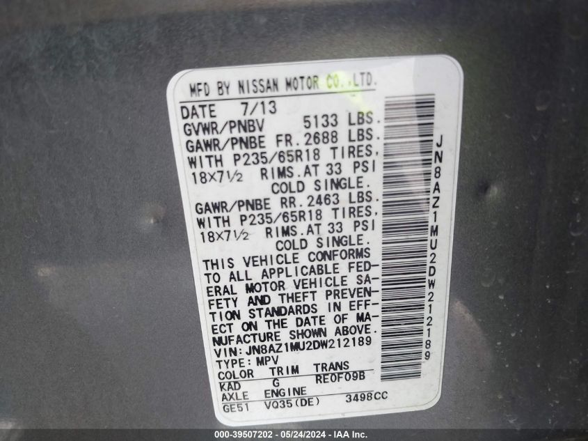 2013 Nissan Murano Sl VIN: JN8AZ1MU2DW212189 Lot: 39507202