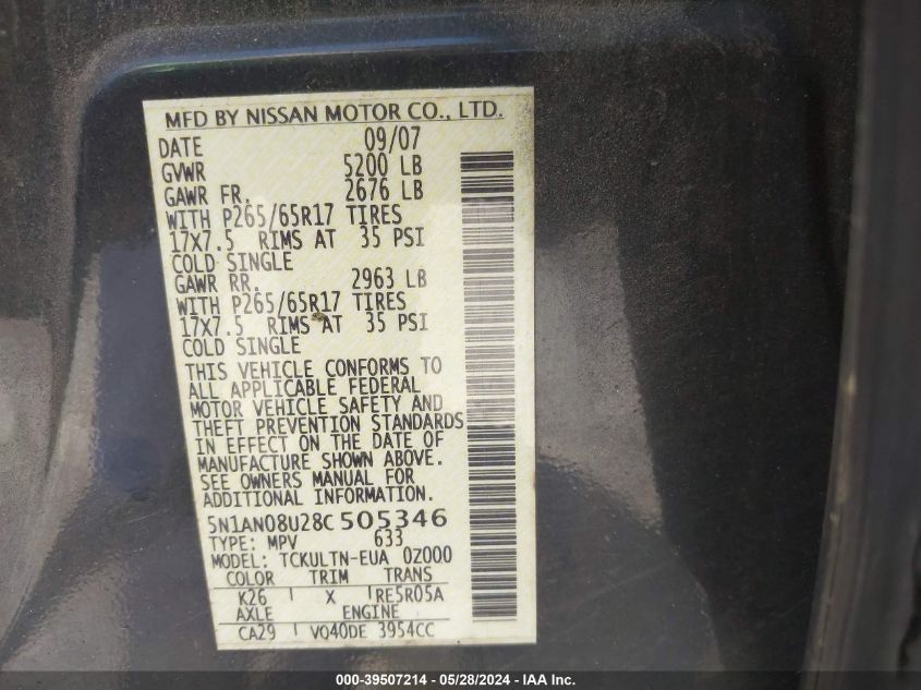 2008 Nissan Xterra Se VIN: 5N1AN08U28C505346 Lot: 39507214