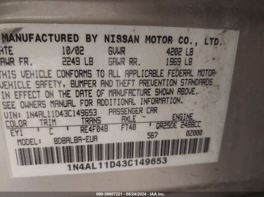 2003 Nissan Altima 2.5 S VIN: 1N4AL11D43C149653 Lot: 39507221