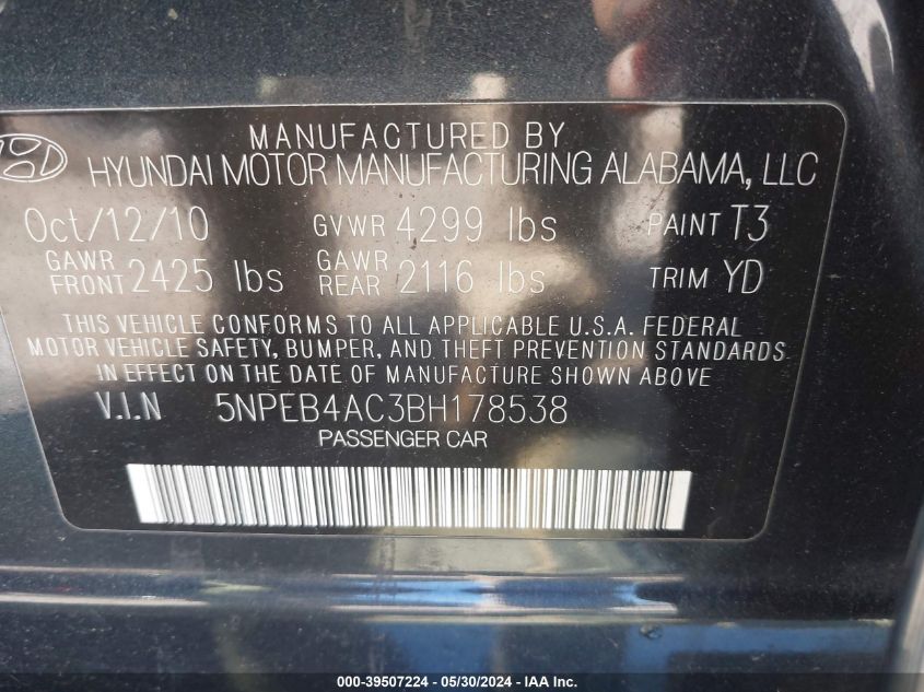 5NPEB4AC3BH178538 2011 Hyundai Sonata Gls