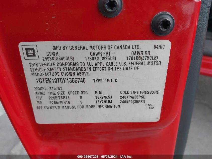 2000 GMC Sierra 1500 Sle VIN: 2GTEK19T0Y1355740 Lot: 39507226