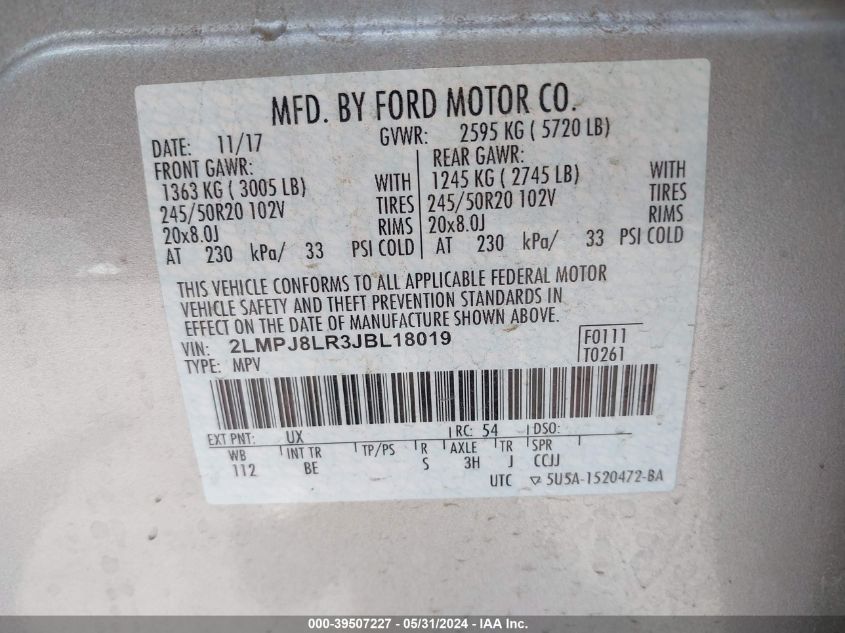 2018 Lincoln Mkx Reserve VIN: 2LMPJ8LR3JBL18019 Lot: 39507227