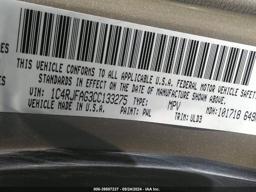 2012 Jeep Grand Cherokee Laredo VIN: 1C4RJFAG3CC133275 Lot: 39507237