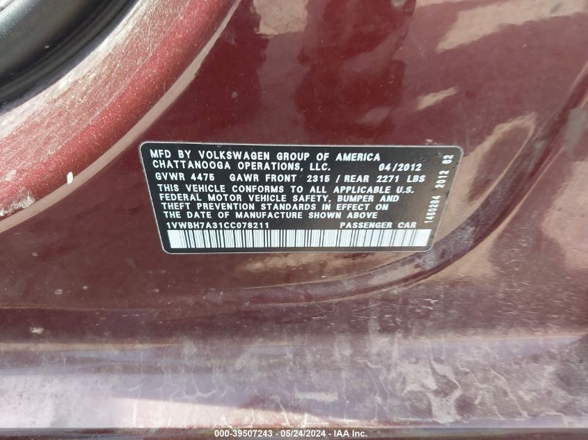 2012 Volkswagen Passat 2.5L Se VIN: 1VWBH7A31CC078211 Lot: 39507243
