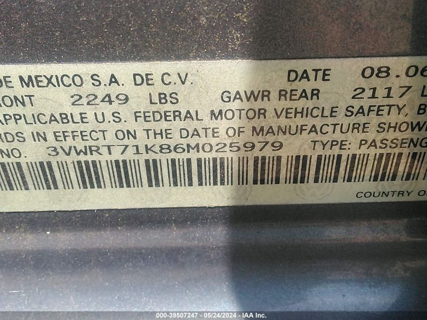 2006 Volkswagen Jetta Tdi VIN: 3VWRT71K86M025979 Lot: 39507247