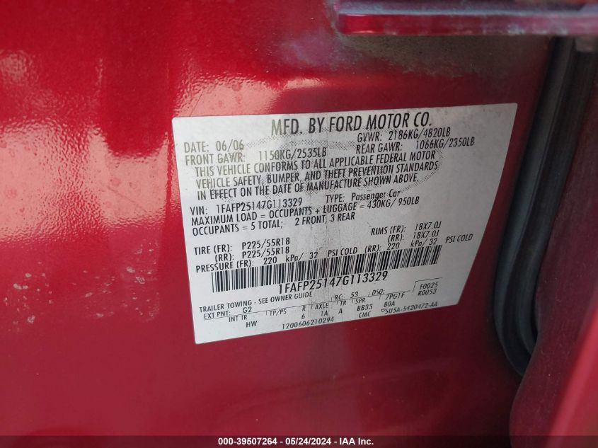 2007 Ford Five Hundred Limited VIN: 1FAFP25147G113329 Lot: 39507264