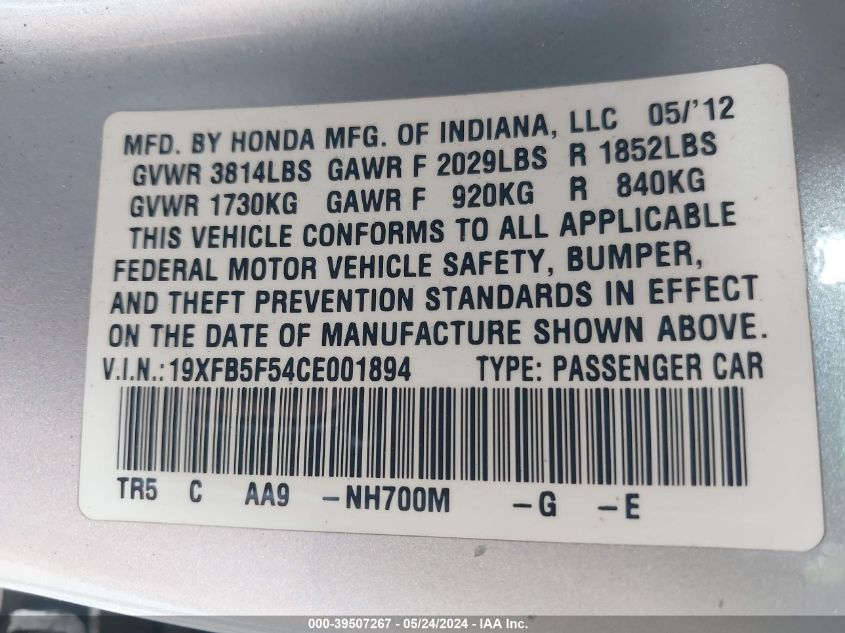 2012 Honda Civic Natural Gas VIN: 19XFB5F54CE001894 Lot: 39507267