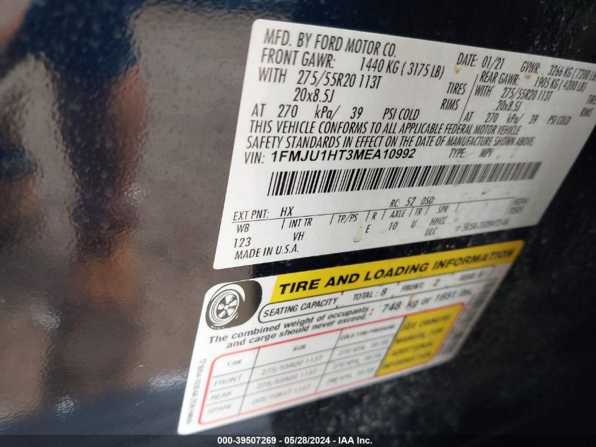 2021 Ford Expedition Xlt VIN: 1FMJU1HT3MEA10992 Lot: 39507269