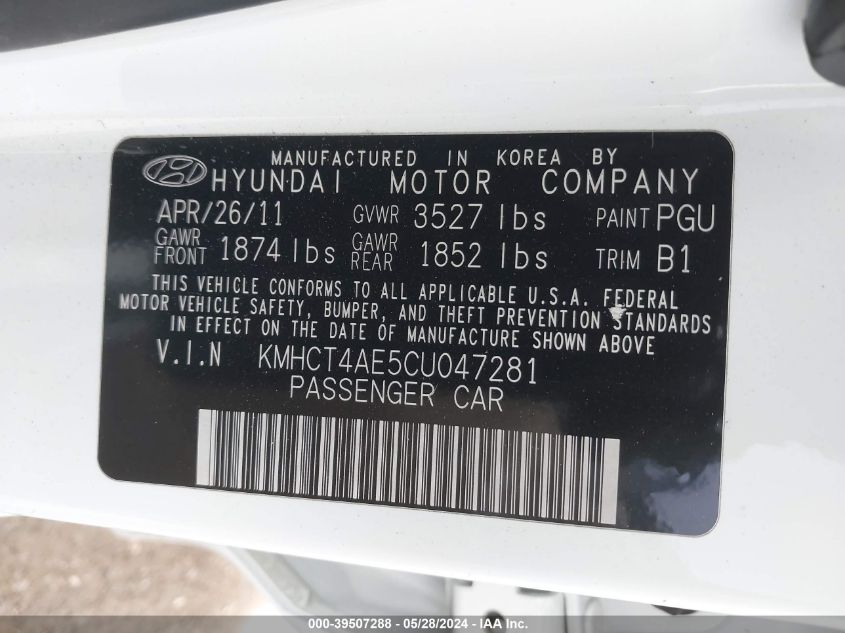 2012 Hyundai Accent Gls VIN: KMHCT4AE5CU047281 Lot: 39507288