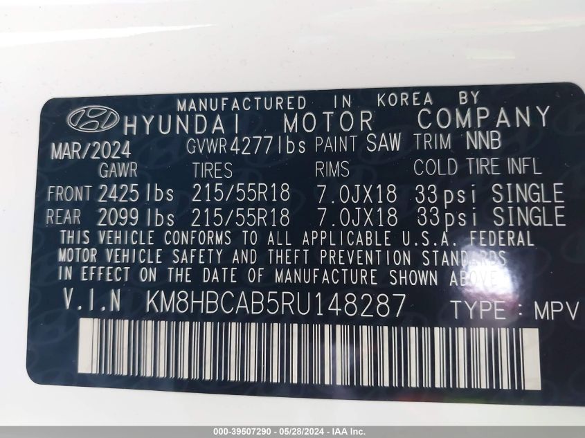 2024 Hyundai Kona Sel VIN: KM8HBCAB5RU148287 Lot: 39507290