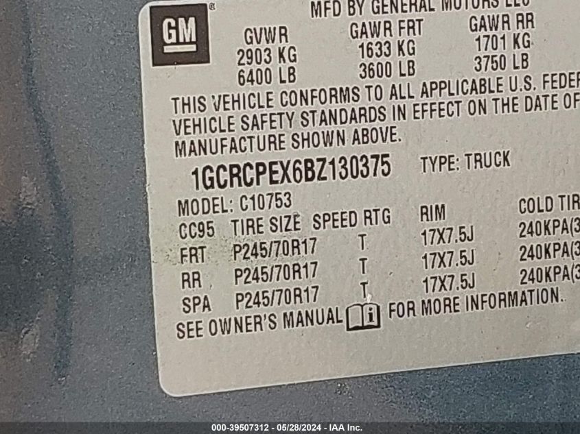 2011 Chevrolet Silverado 1500 Work Truck VIN: 1GCRCPEX6BZ130375 Lot: 39507312