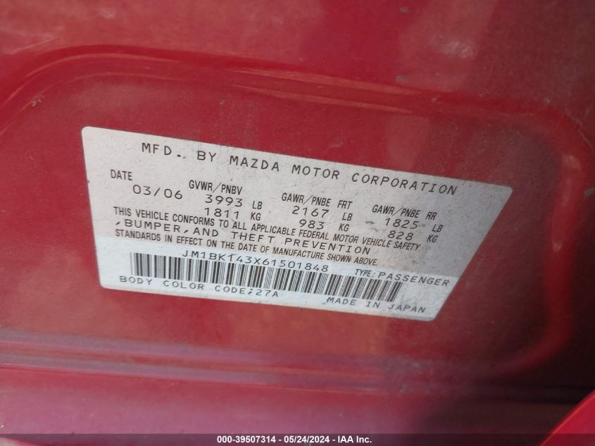 2006 Mazda Mazda3 S VIN: JM1BK143X61501848 Lot: 39507314