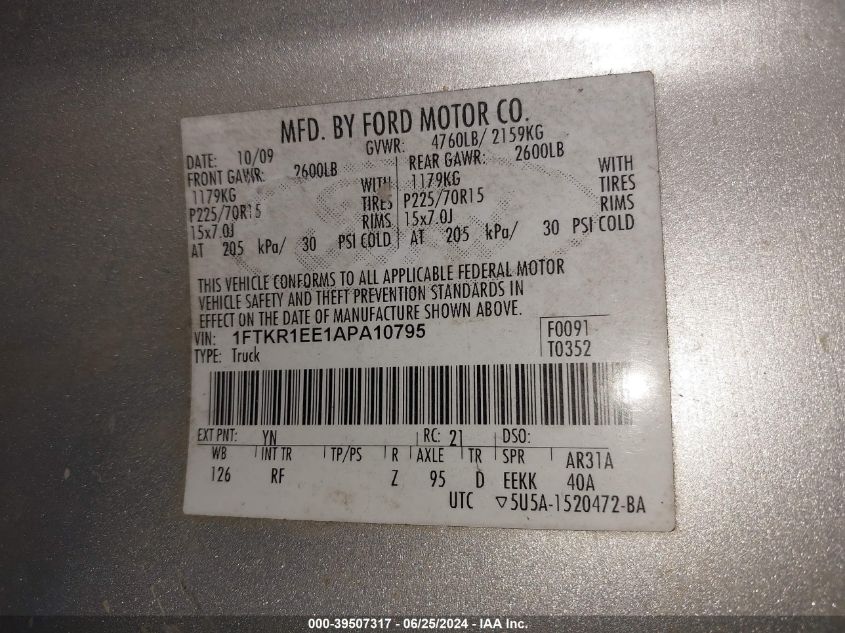 2010 Ford Ranger Sport/Xl/Xlt VIN: 1FTKR1EE1APA10795 Lot: 39507317