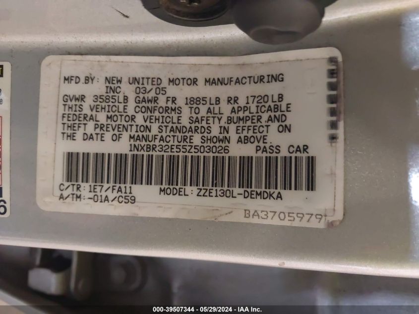 2005 Toyota Corolla Ce VIN: 1NXBR32E55Z503026 Lot: 39507344