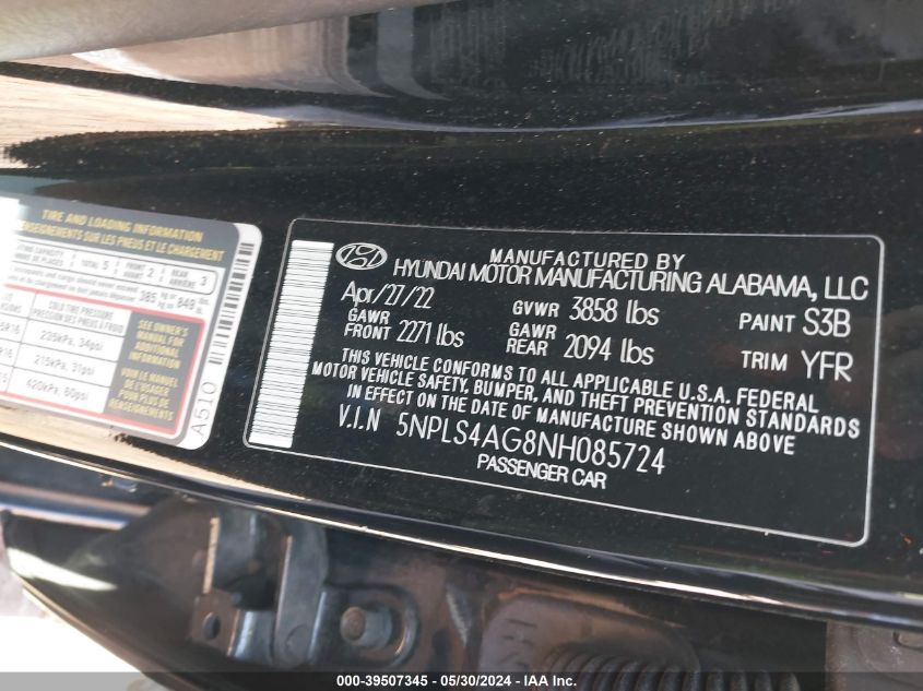 2022 Hyundai Elantra Sel VIN: 5NPLS4AG8NH085724 Lot: 39507345