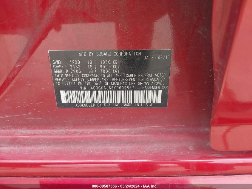 2019 Subaru Impreza 2.0I Sport VIN: 4S3GKAJ66K1602867 Lot: 39507356