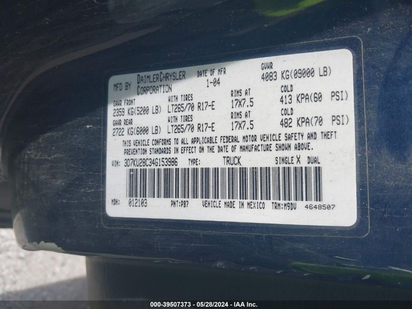 2004 Dodge Ram 2500 Slt/Laramie VIN: 3D7KU28C34G153986 Lot: 39507373