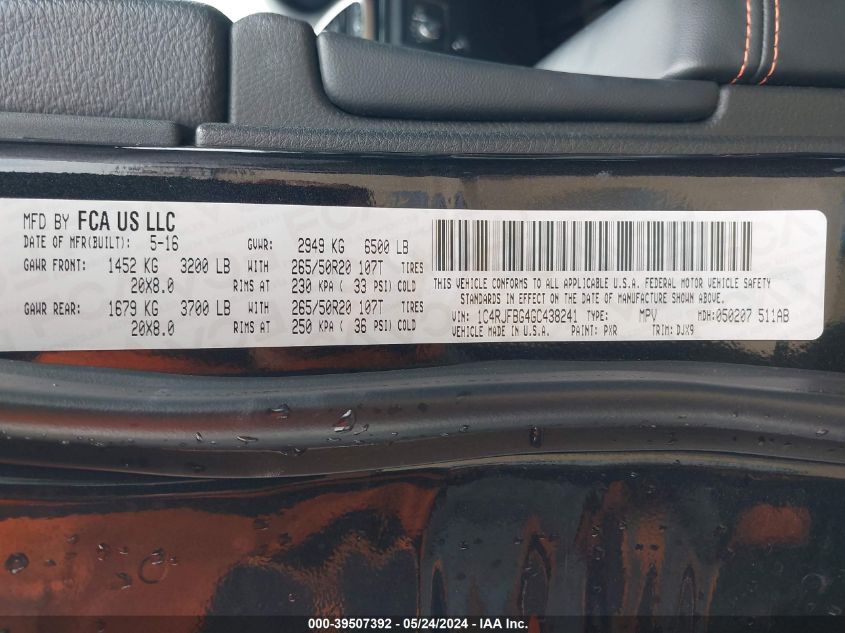 2016 Jeep Grand Cherokee Limited 75Th Anniversary VIN: 1C4RJFBG4GC438241 Lot: 39507392