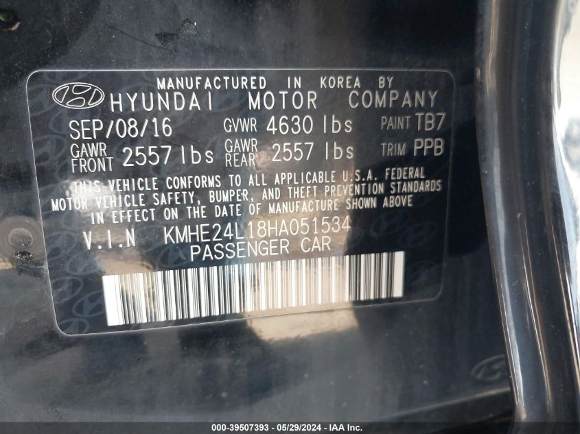 2017 Hyundai Sonata Hybrid Se VIN: KMHE24L18HA051534 Lot: 39507393