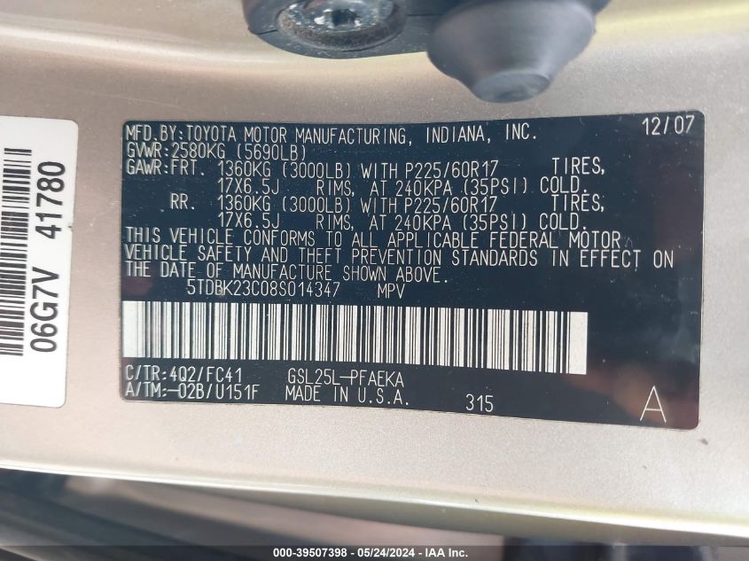 2008 Toyota Sienna Le VIN: 5TDBK23C08S014347 Lot: 39507398