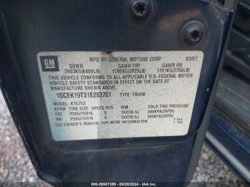 2001 Chevrolet Silverado 1500 Ls VIN: 1GCEK19T31E283761 Lot: 39507399