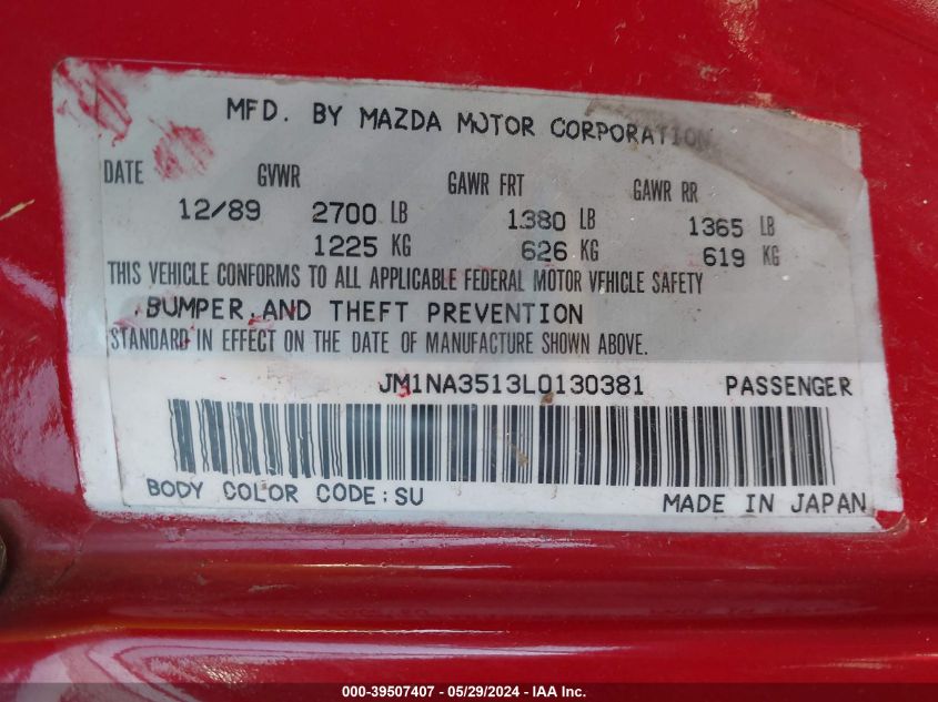 1990 Mazda Mx-5 Miata VIN: JM1NA3513L0130381 Lot: 39507407