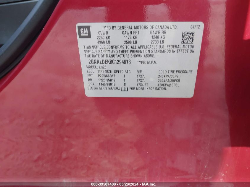 2012 Chevrolet Equinox Lt VIN: 2GNALDEK8C1294678 Lot: 39507408