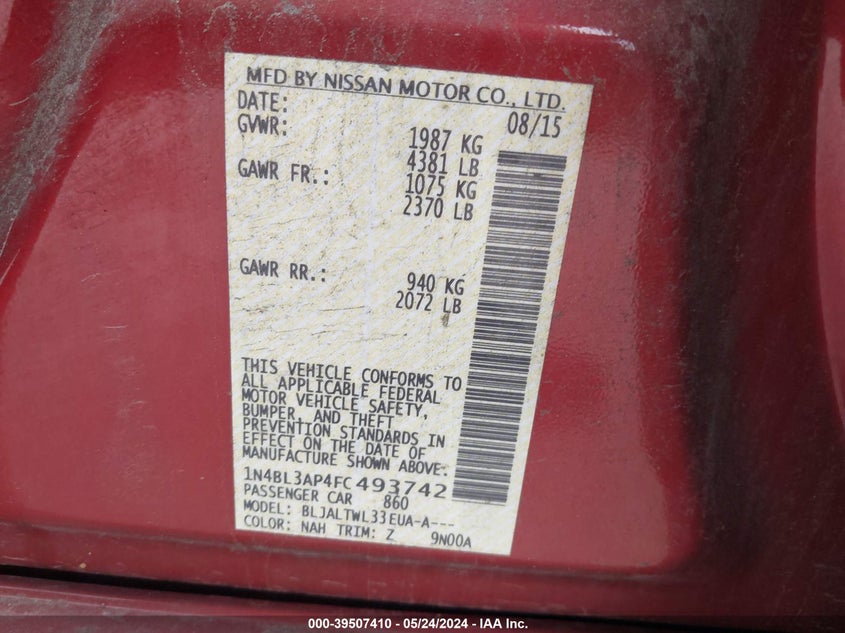 2015 Nissan Altima 3.5 S/3.5 Sl/3.5 Sv VIN: 1N4BL3AP4FC493742 Lot: 39507410