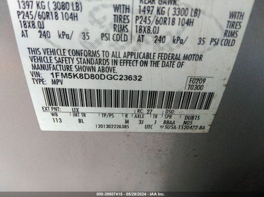 2013 Ford Explorer Xlt VIN: 1FM5K8D80DGC23632 Lot: 39507415