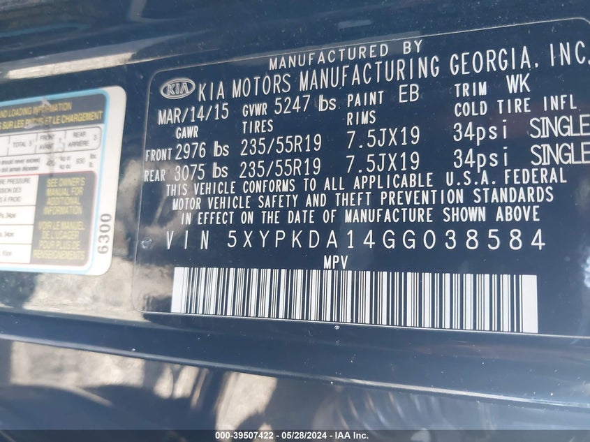 2016 Kia Sorento 2.0T Sxl VIN: 5XYPKDA14GG038584 Lot: 39507422