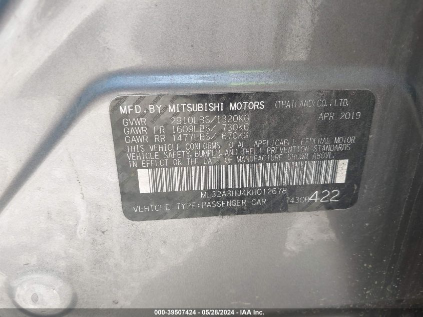 2019 Mitsubishi Mirage Es VIN: ML32A3HJ4KH012678 Lot: 39507424