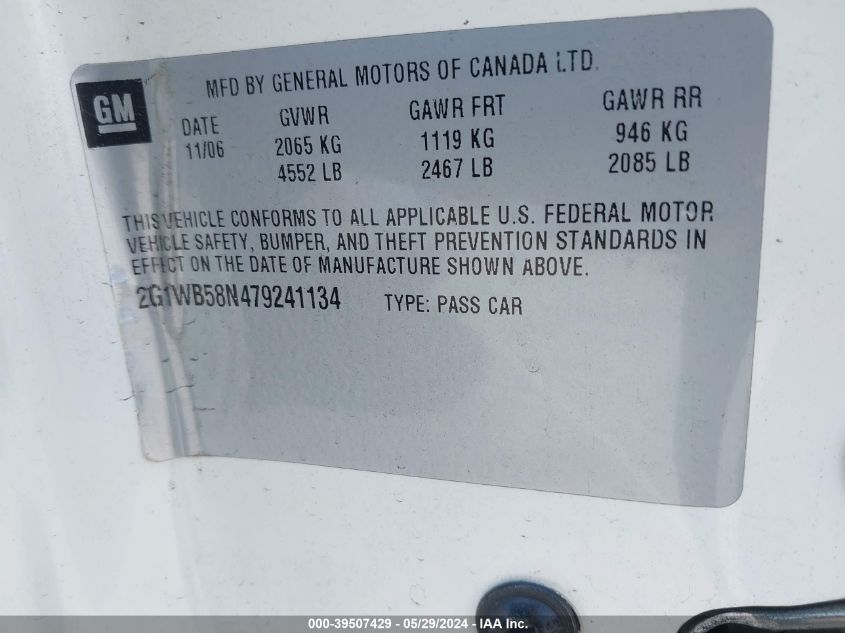 2007 Chevrolet Impala Ls VIN: 2G1WB58N479241134 Lot: 39507429