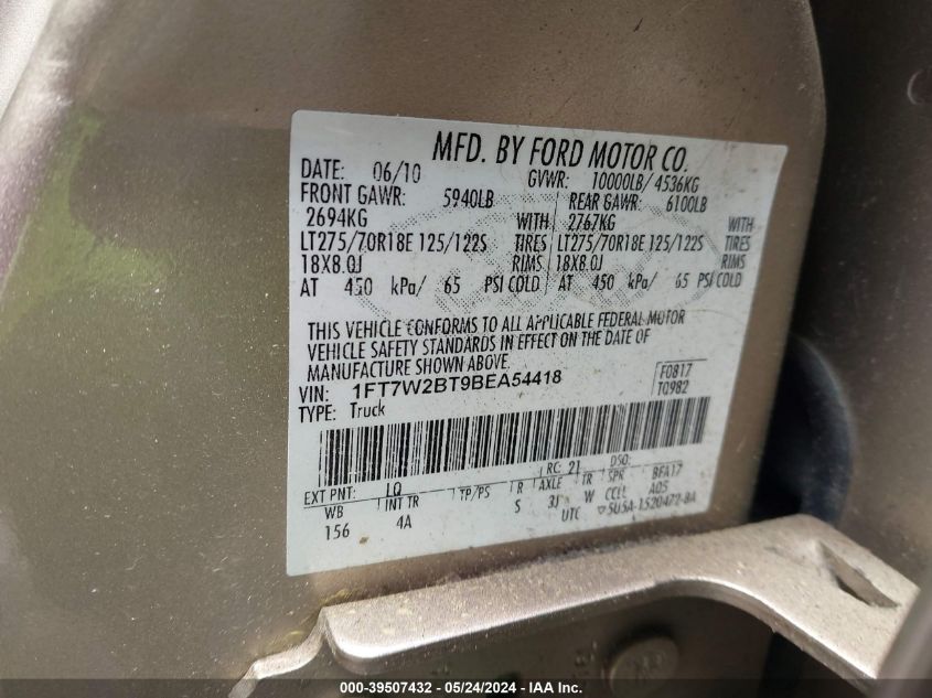 2011 Ford F-250 Lariat VIN: 1FT7W2BT9BEA54418 Lot: 39507432