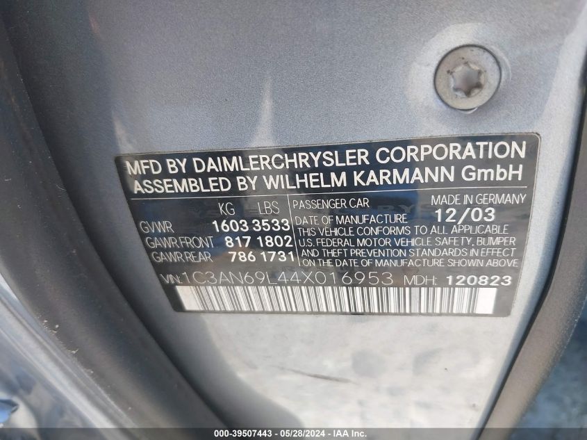 2004 Chrysler Crossfire Limited VIN: 1C3AN69L44X016953 Lot: 39507443