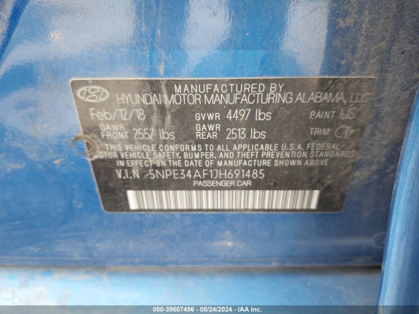 2018 Hyundai Sonata Sport VIN: 5NPE34AF1JH691485 Lot: 39507456