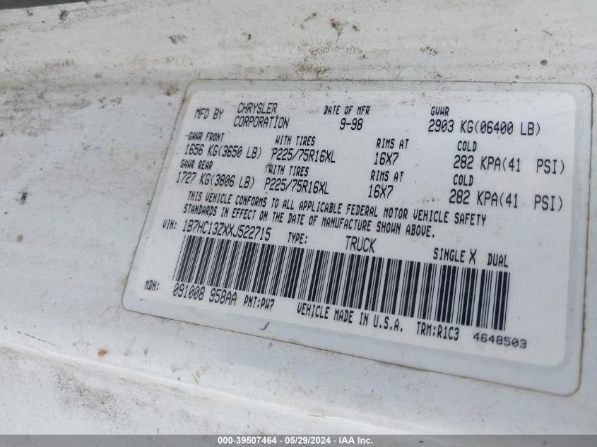 1999 Dodge Ram 1500 St VIN: 1B7HC13ZXXJ522715 Lot: 39507464