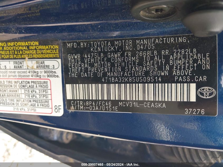 2005 Toyota Camry Se V6 VIN: 4T1BA32K85U509514 Lot: 39507465