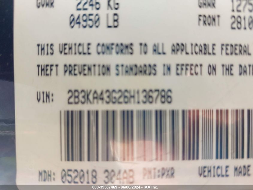 2006 Dodge Charger VIN: 2B3KA43G26H136786 Lot: 39507469