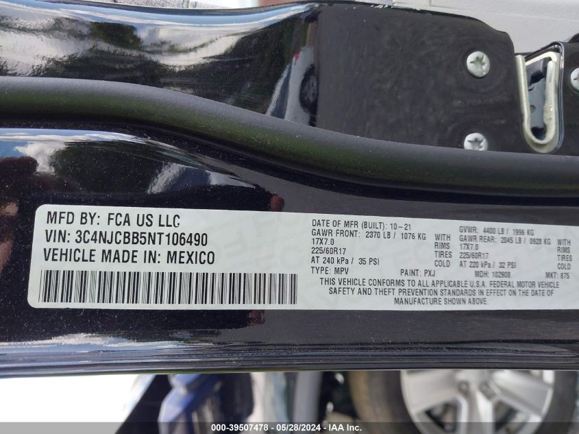 2022 Jeep Compass Latitude Fwd VIN: 3C4NJCBB5NT106490 Lot: 39507478