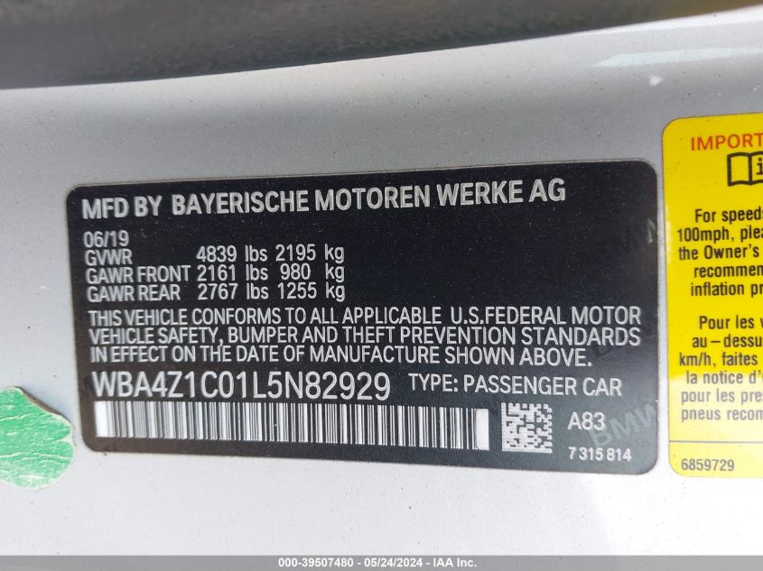 2020 BMW 430I VIN: WBA4Z1C01L5N82929 Lot: 39507480