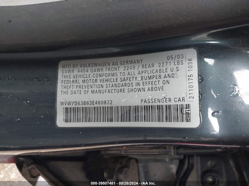 2003 Volkswagen Passat Gls VIN: WVWVD63B63E460832 Lot: 39507481
