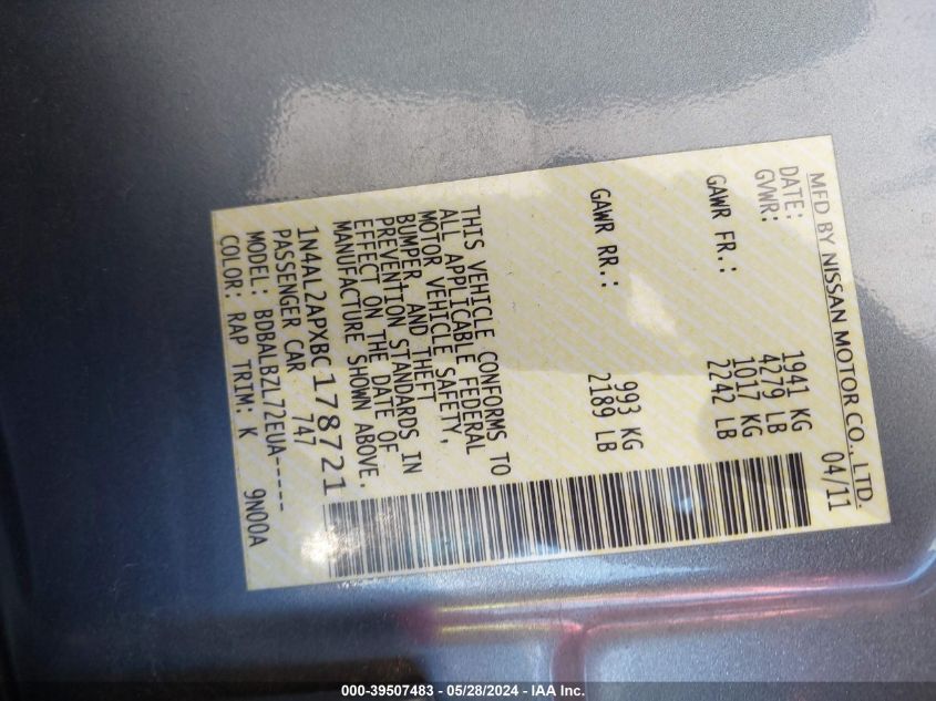 2011 Nissan Altima 2.5 S VIN: 1N4AL2APXBC178721 Lot: 39507483