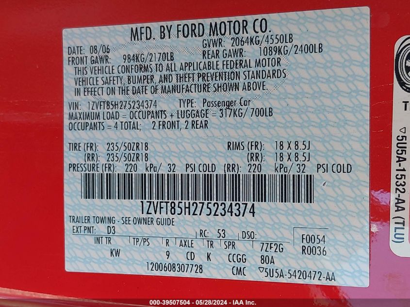 2007 Ford Mustang Gt Deluxe/Gt Premium VIN: 1ZVFT85H275234374 Lot: 39507504