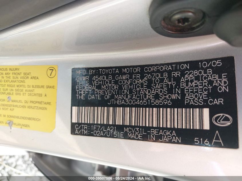 2006 Lexus Es 330 VIN: JTHBA30G465158596 Lot: 39507506