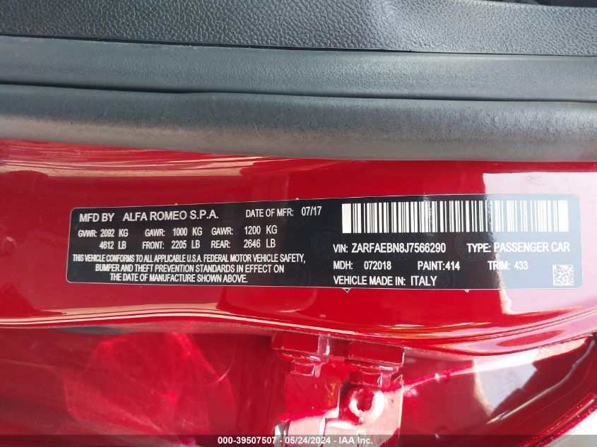 2018 Alfa Romeo Giulia Rwd VIN: ZARFAEBN8J7566290 Lot: 39507507