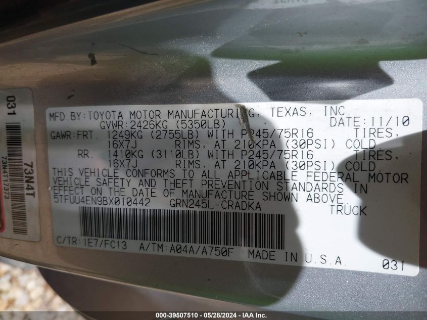 2011 Toyota Tacoma Base V6 VIN: 5TFUU4EN9BX010442 Lot: 39507510