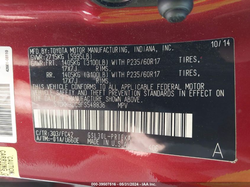 2015 Toyota Sienna Le 8 Passenger VIN: 5TDKK3DC9FS548836 Lot: 39507516