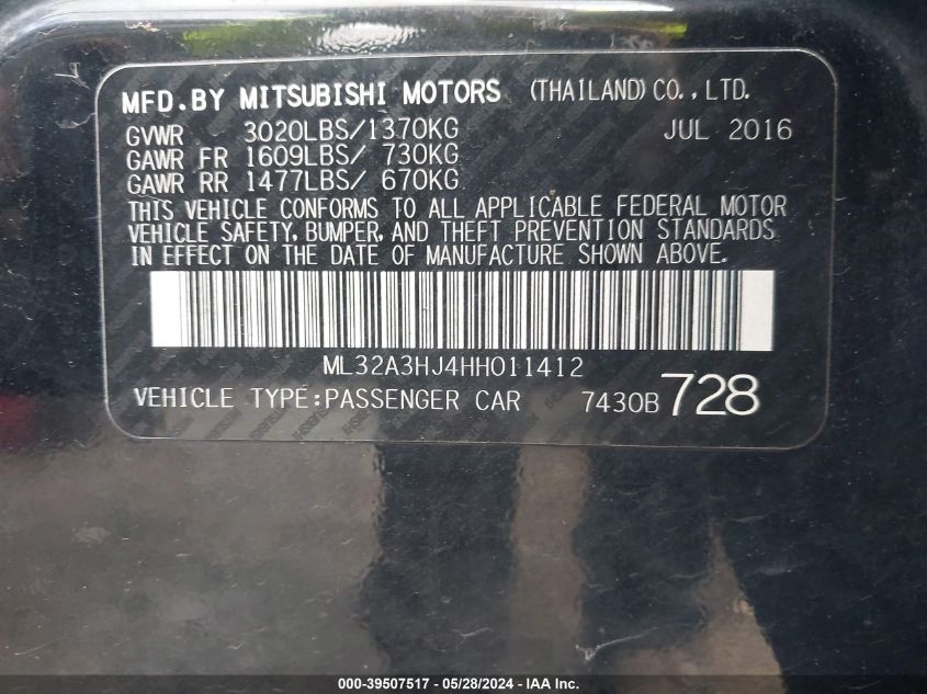 2017 Mitsubishi Mirage Es VIN: ML32A3HJ4HH011412 Lot: 39507517