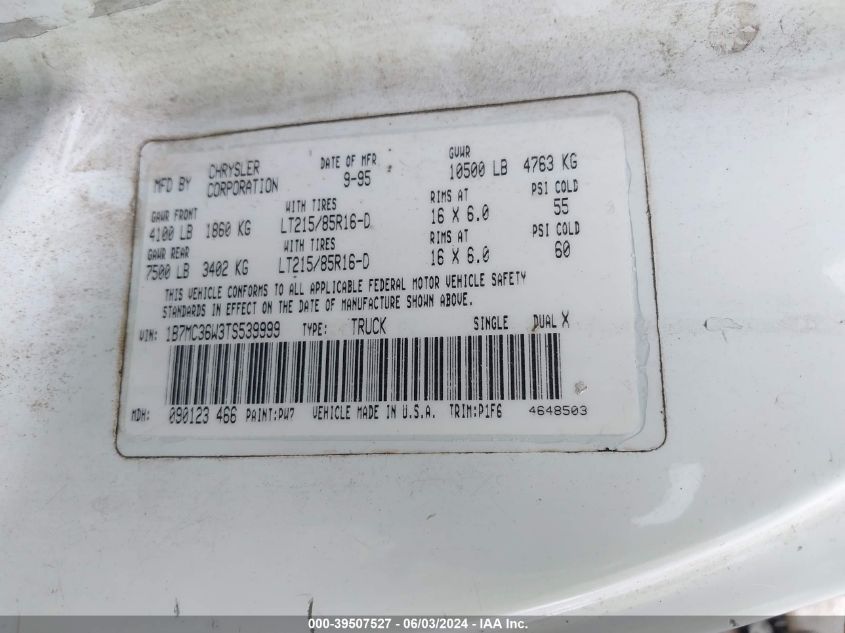 1996 Dodge Ram 3500 VIN: 1B7MC36W2TJ539999 Lot: 39507527